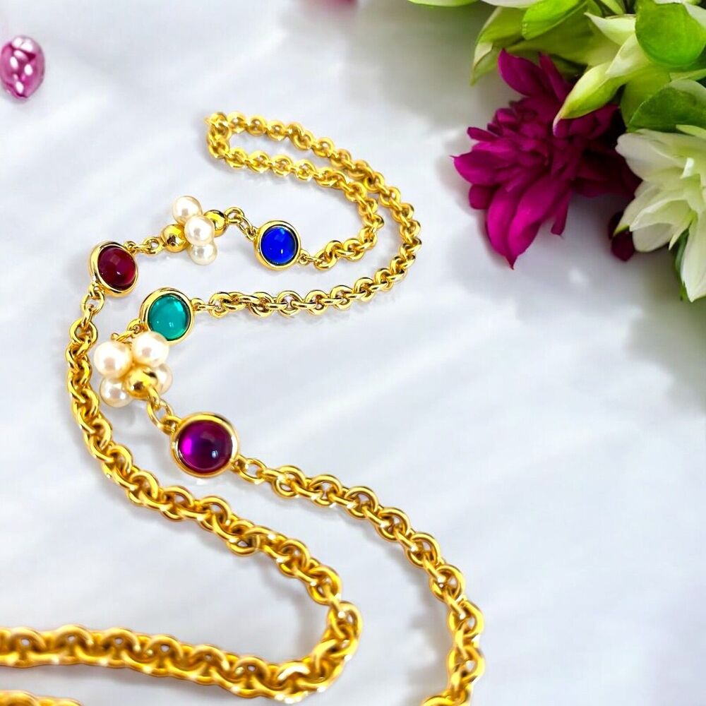 Vintage 1980s Necklace Gold Tone Jewel Tone Cabochons Pearl Accents - 9L